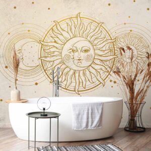 Fotobehang - Golden Sun and Moon - Artistic Illustration in Retro Style