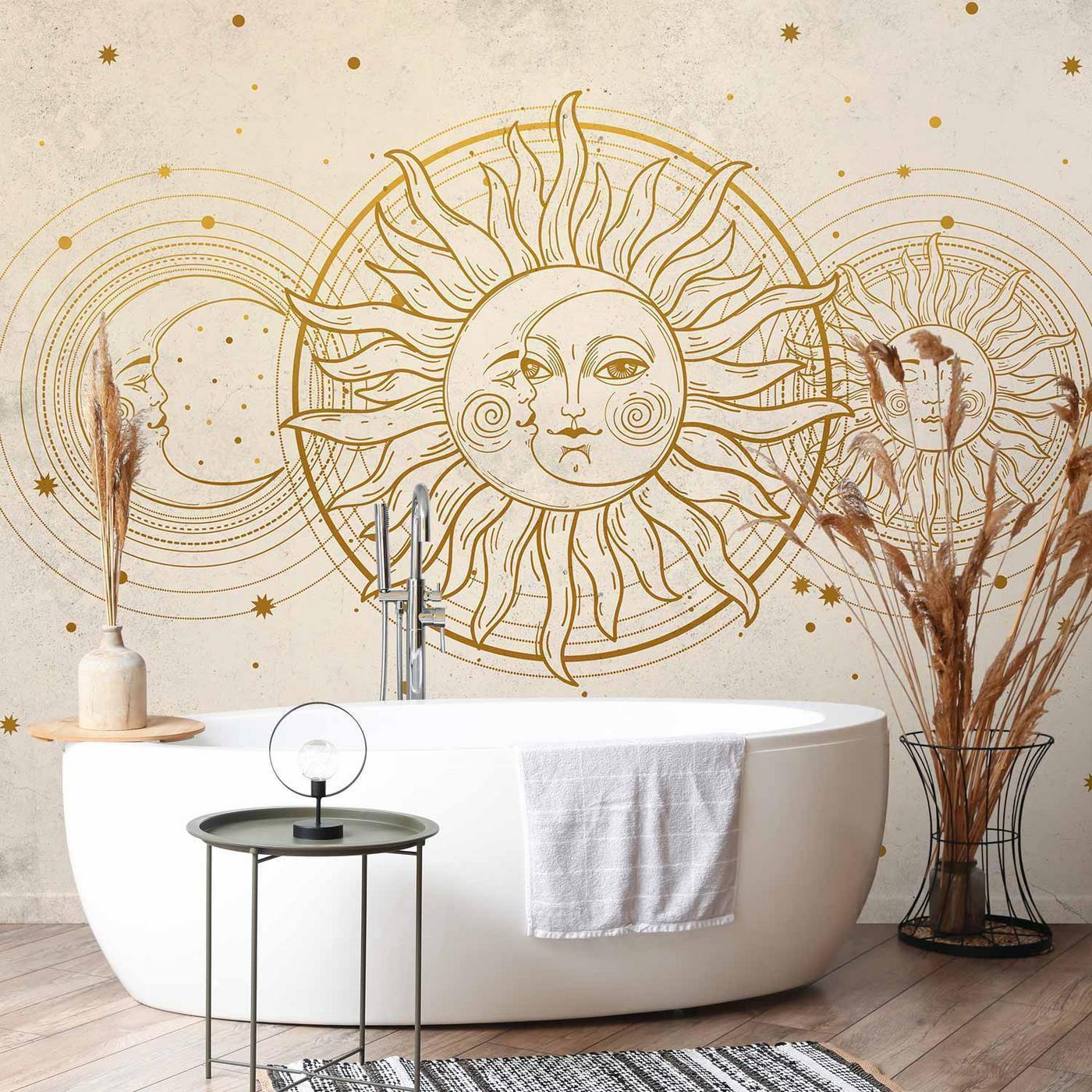 Fotobehang - Golden Sun and Moon - Artistic Illustration in Retro Style