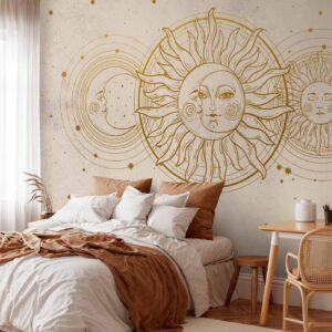 Fotobehang - Golden Sun and Moon - Artistic Illustration in Retro Style
