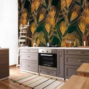 Fotobehang - Golden peacock feathers - solid background with bird pattern on green background