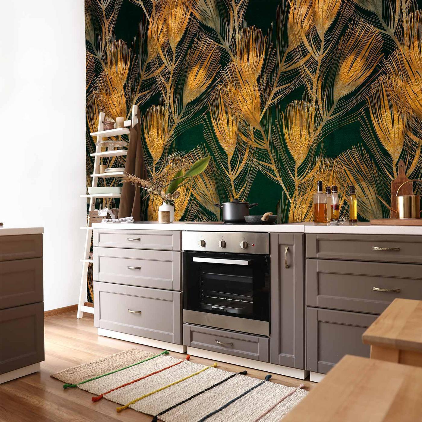 Fotobehang - Golden peacock feathers - solid background with bird pattern on green background