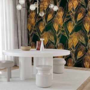 Fotobehang - Golden peacock feathers - solid background with bird pattern on green background