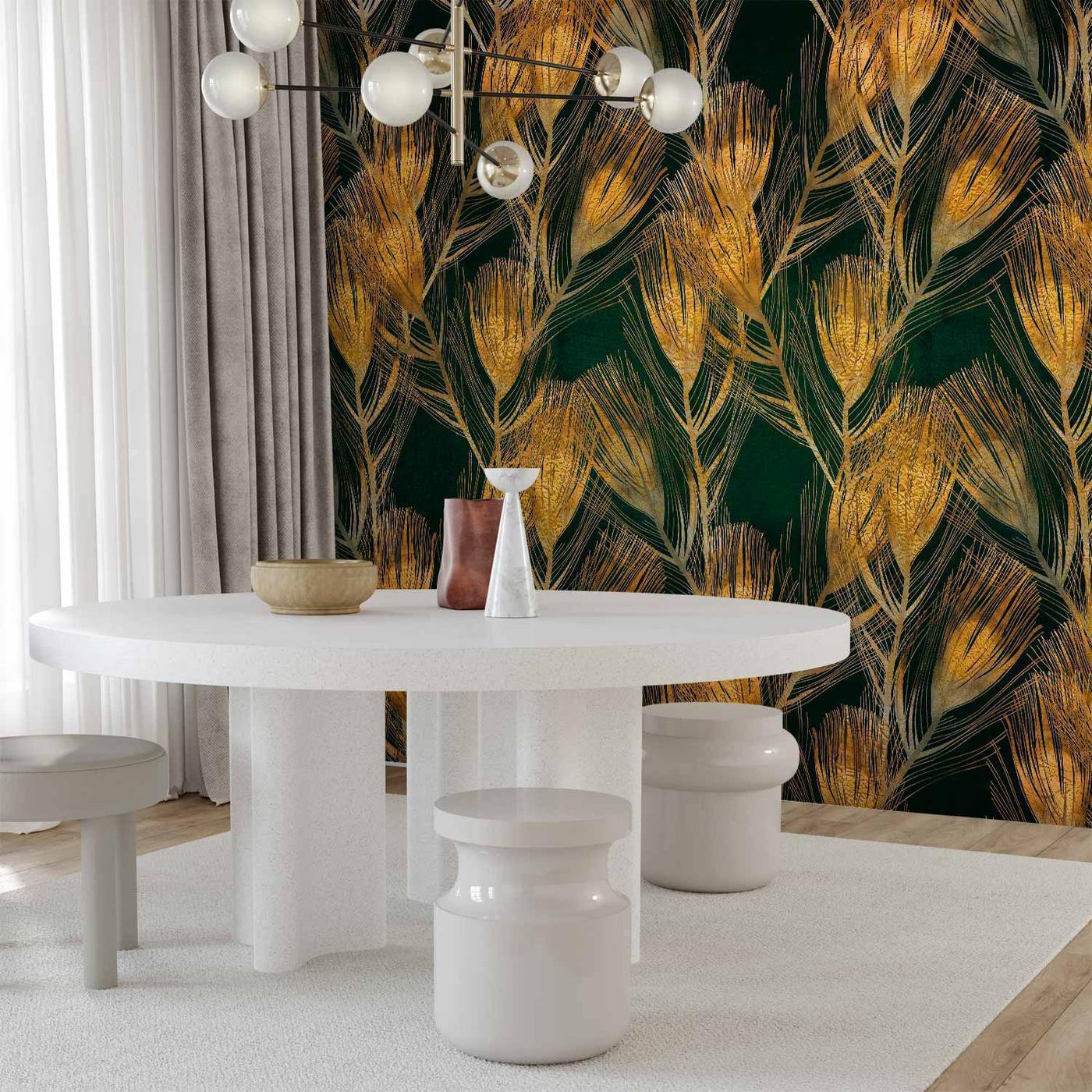 Fotobehang - Golden peacock feathers - solid background with bird pattern on green background