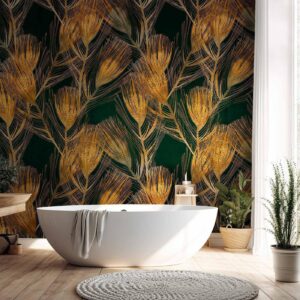Fotobehang - Golden peacock feathers - solid background with bird pattern on green background