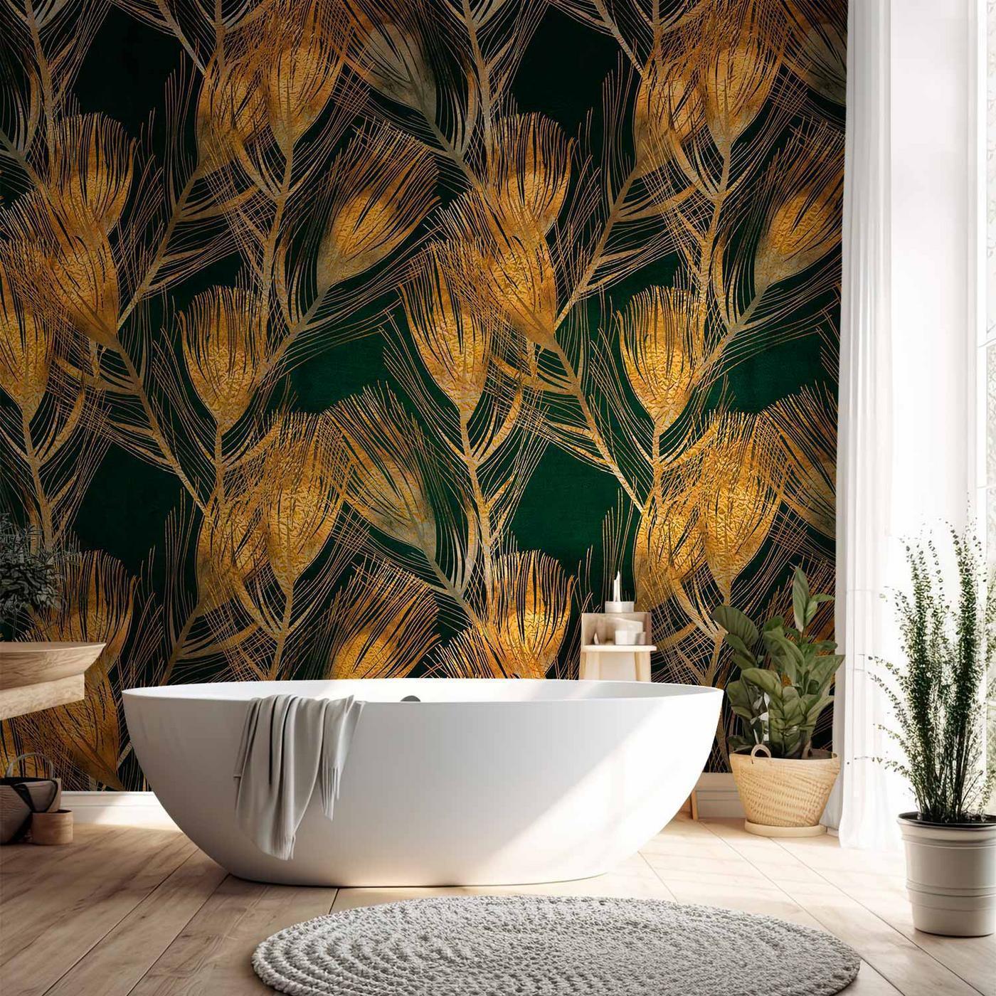 Fotobehang - Golden peacock feathers - solid background with bird pattern on green background