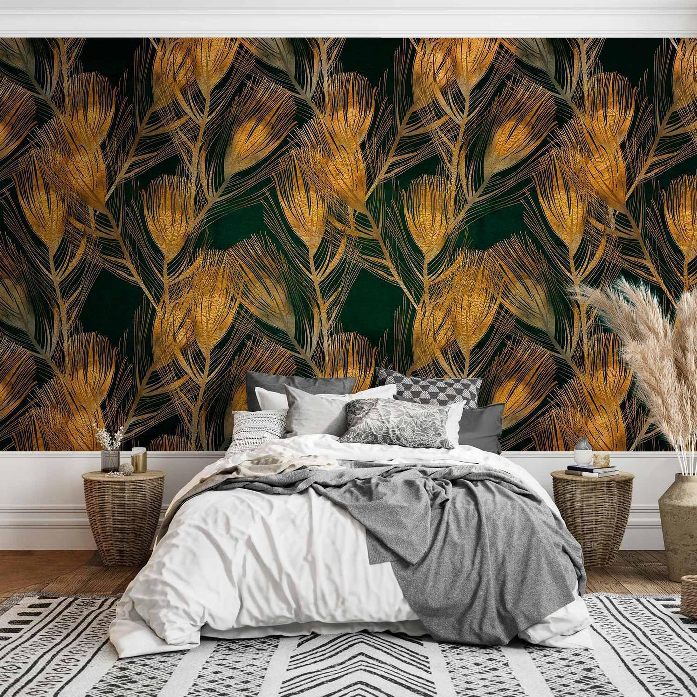 Fotobehang - Golden peacock feathers - solid background with bird pattern on green background