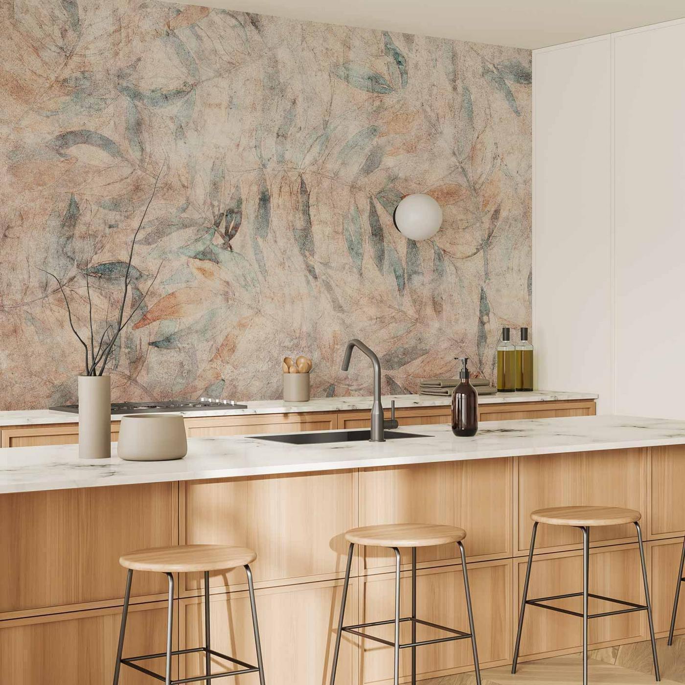 Fotobehang - Greek laurels - faded composition with leaves on a beige patterned background