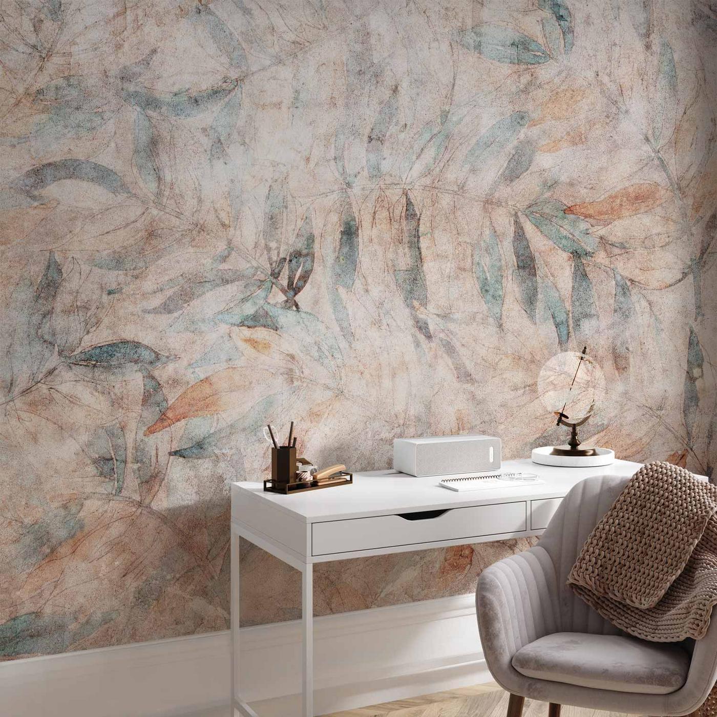 Fotobehang - Greek laurels - faded composition with leaves on a beige patterned background