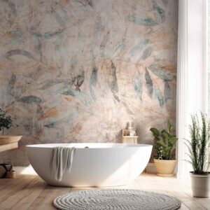 Fotobehang - Greek laurels - faded composition with leaves on a beige patterned background