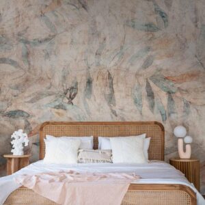 Fotobehang - Greek laurels - faded composition with leaves on a beige patterned background