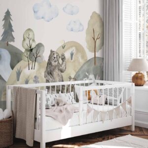 Fotobehang - Green Hills - a Valley With Animals Painted in Watercolours