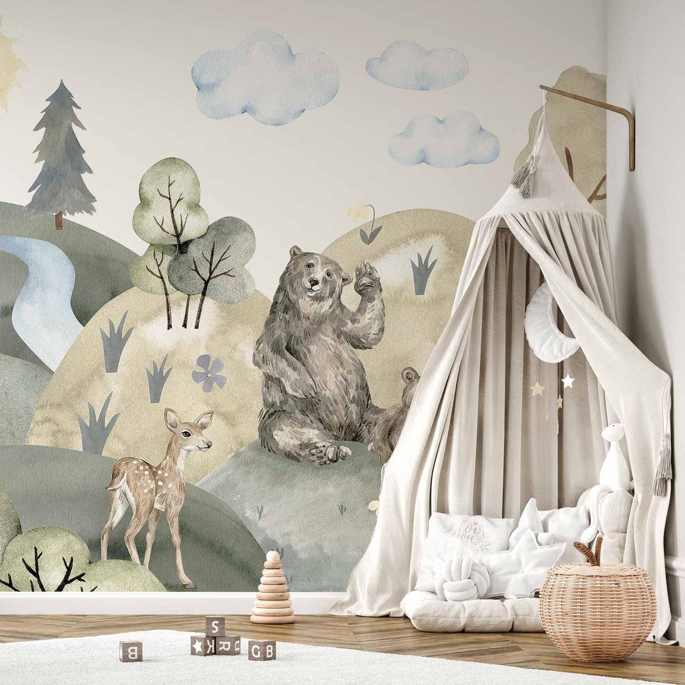 Fotobehang - Green Hills - a Valley With Animals Painted in Watercolours