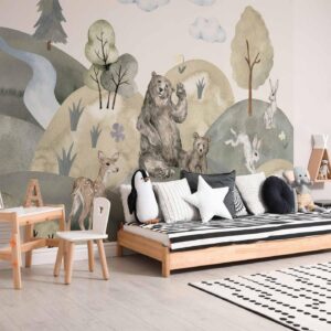 Fotobehang - Green Hills - a Valley With Animals Painted in Watercolours