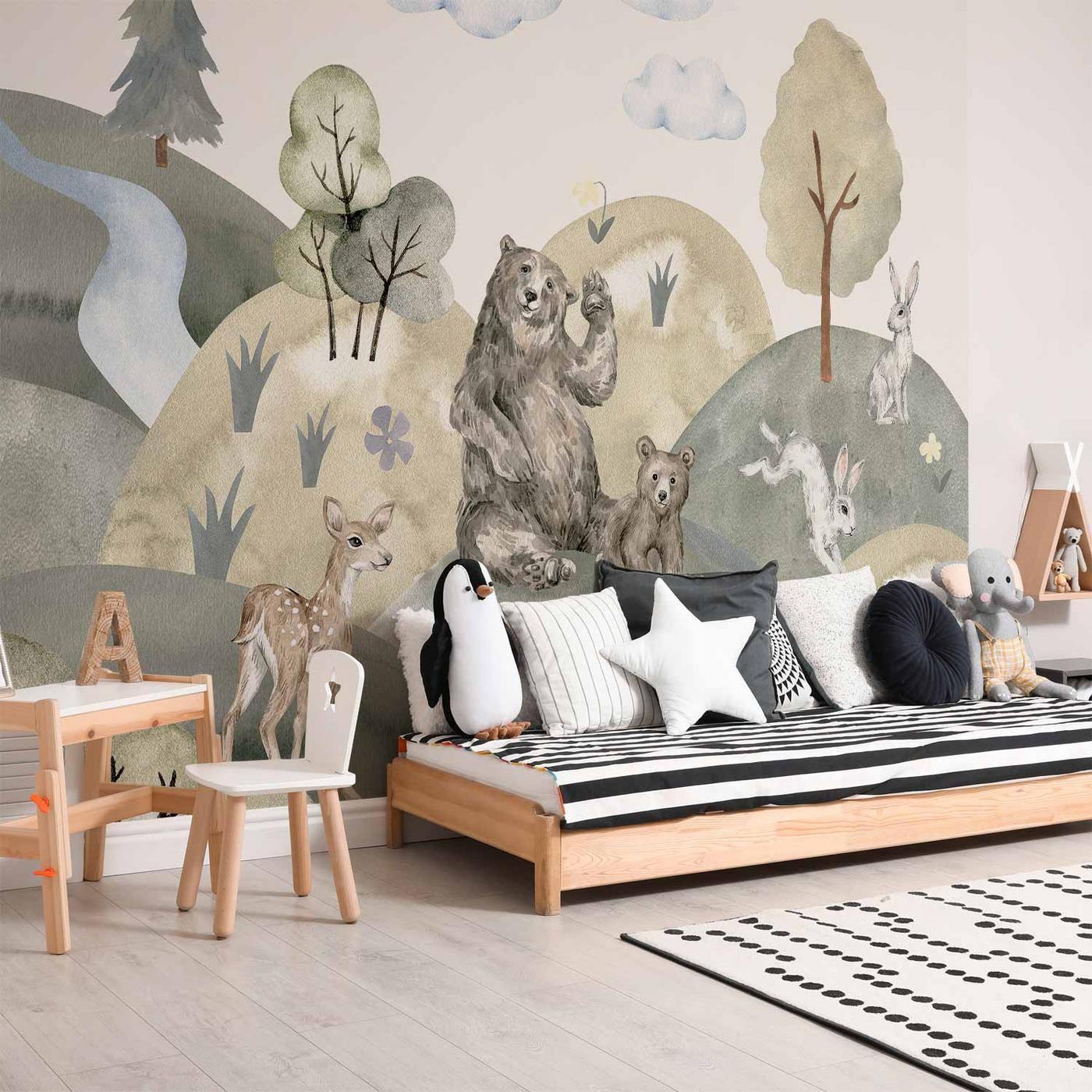 Fotobehang - Green Hills - a Valley With Animals Painted in Watercolours