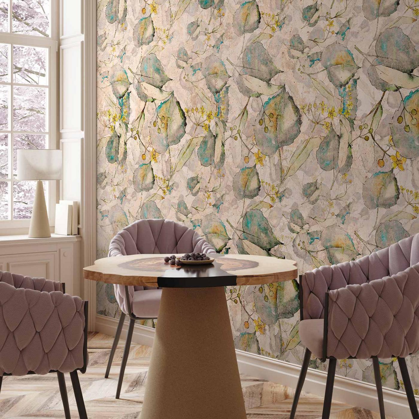 Fotobehang - Green and yellow autumn souvenirs - floral design with leaves