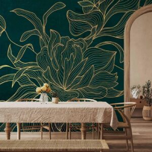Fotobehang - Green boudoir - linear drawing of a flower in golden colours on a dark background