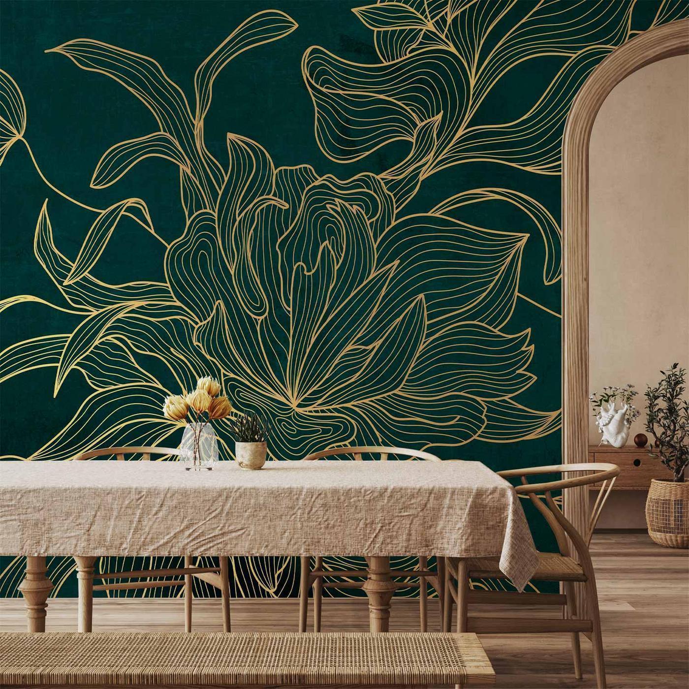 Fotobehang - Green boudoir - linear drawing of a flower in golden colours on a dark background