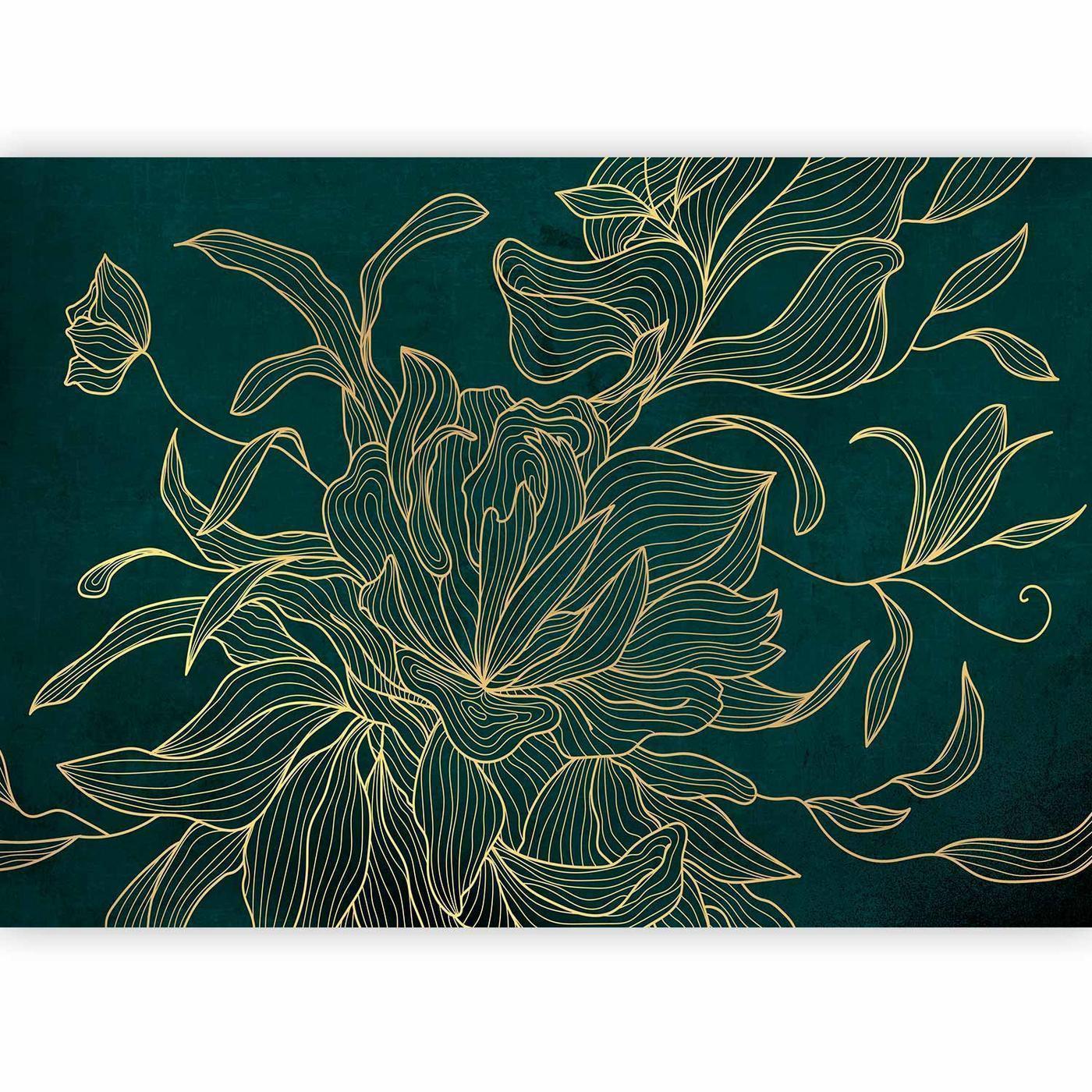 Fotobehang - Green boudoir - linear drawing of a flower in golden colours on a dark background