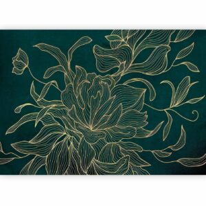 Fotobehang - Green boudoir - linear drawing of a flower in golden colours on a dark background