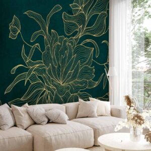 Fotobehang - Green boudoir - linear drawing of a flower in golden colours on a dark background