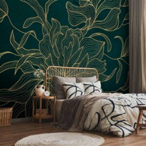 Fotobehang - Green boudoir - linear drawing of a flower in golden colours on a dark background