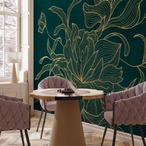 Fotobehang - Green boudoir - linear drawing of a flower in golden colours on a dark background