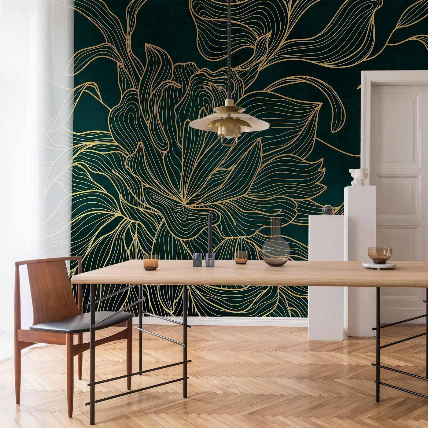 Fotobehang - Green boudoir - linear drawing of a flower in golden colours on a dark background