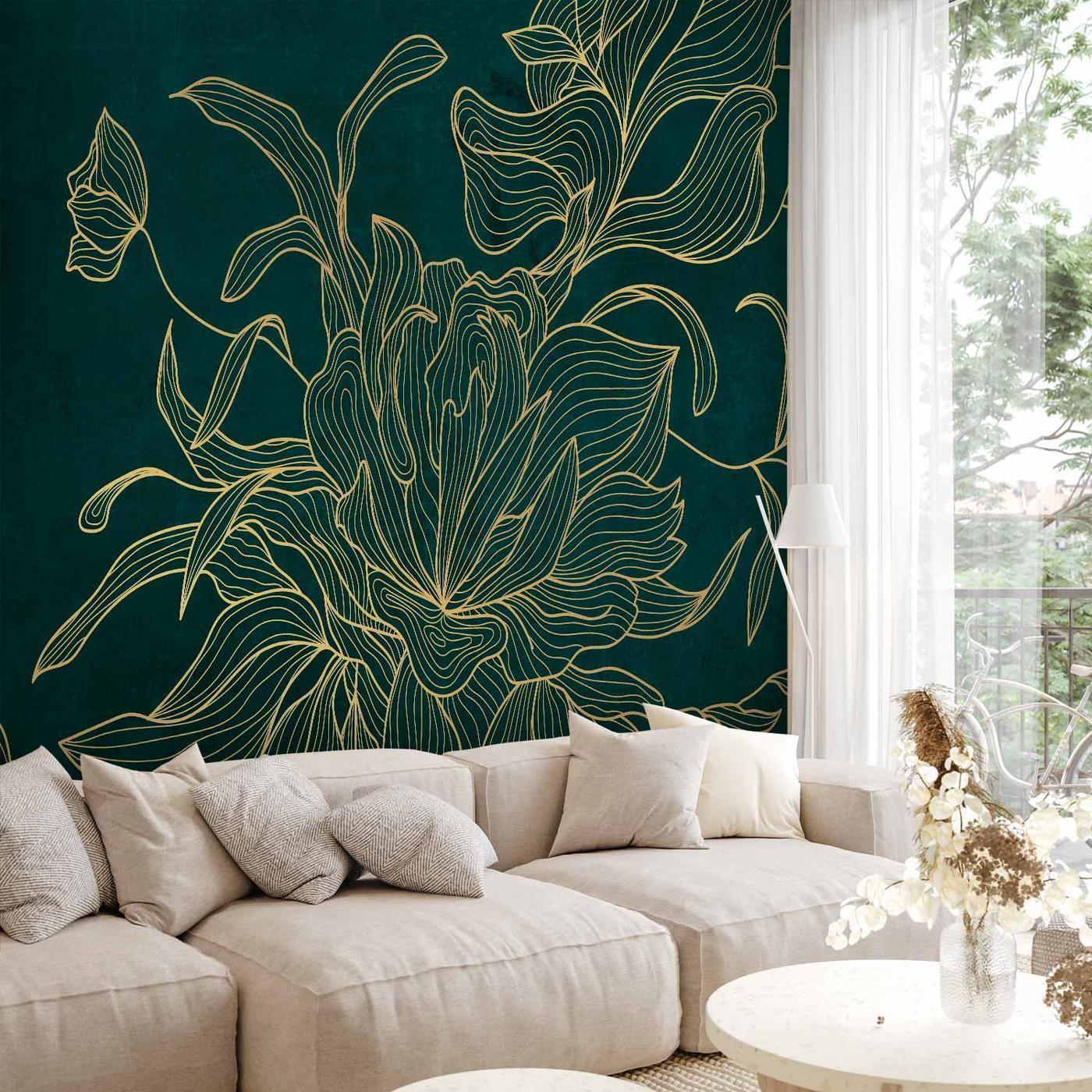 Fotobehang - Green boudoir - linear drawing of a flower in golden colours on a dark background