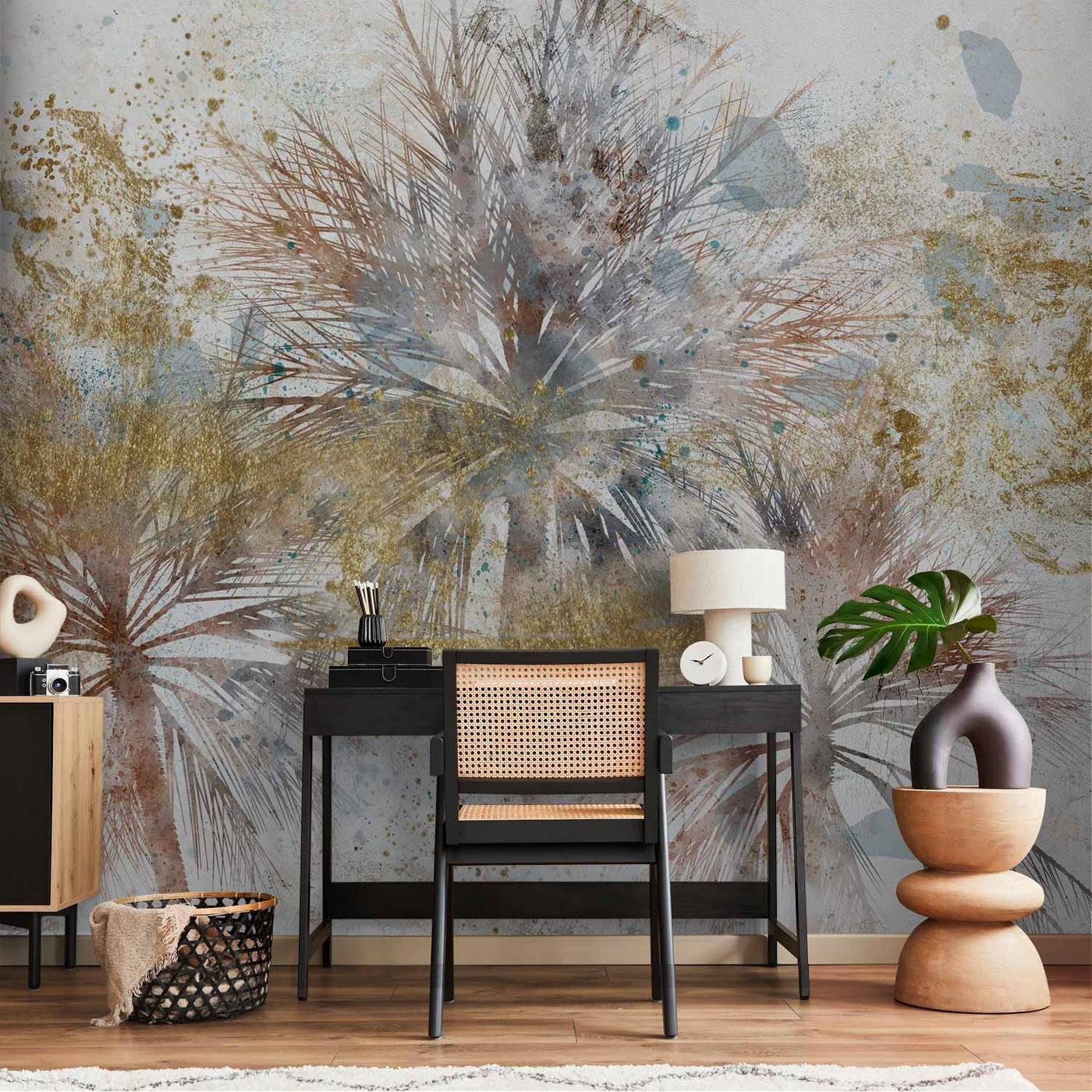 Fotobehang - Grey palms - plant motif in an abstract composition with patterns