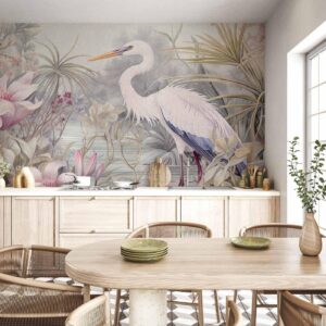 Fotobehang - Heron wading in a pond - illustration in bright colours