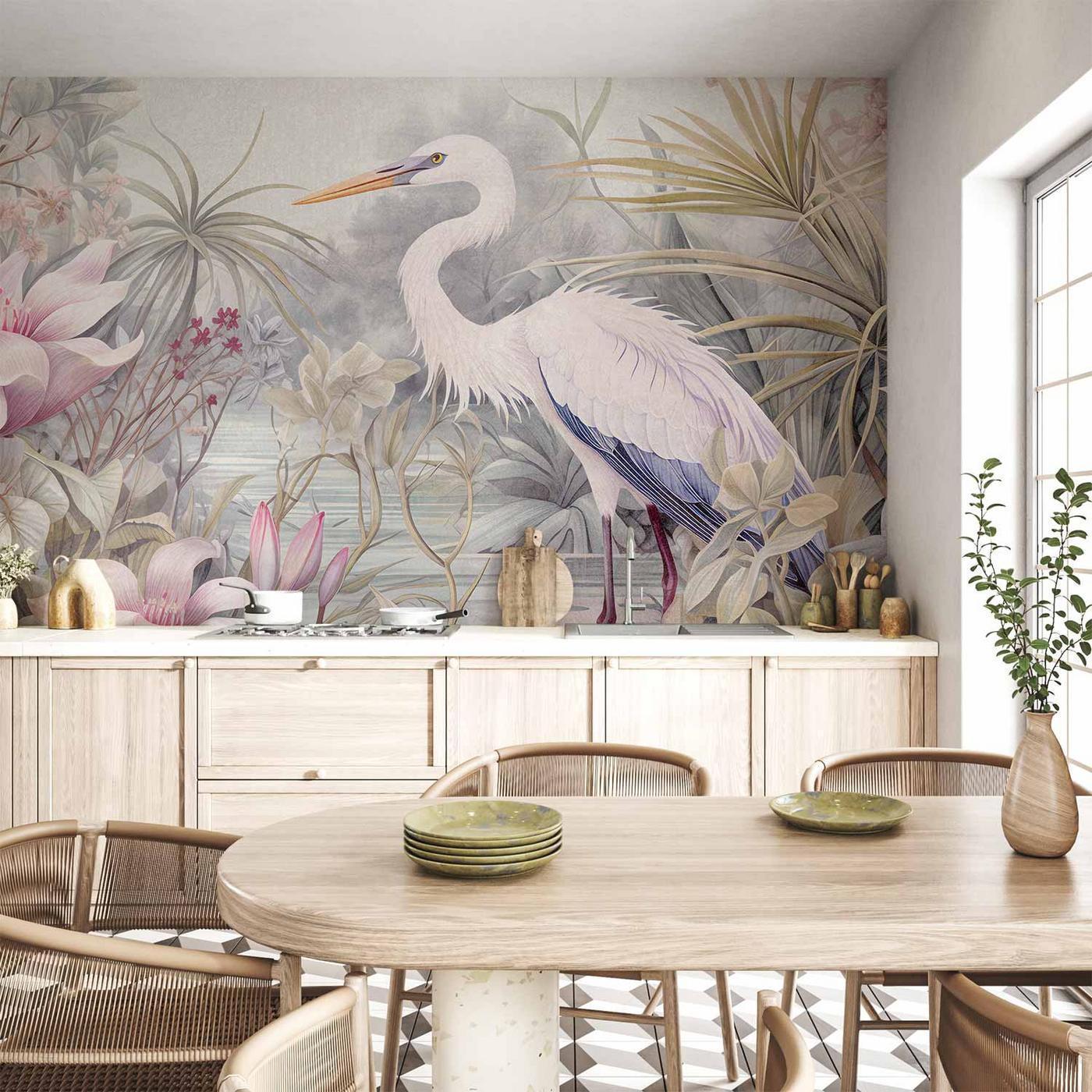 Fotobehang - Heron wading in a pond - illustration in bright colours