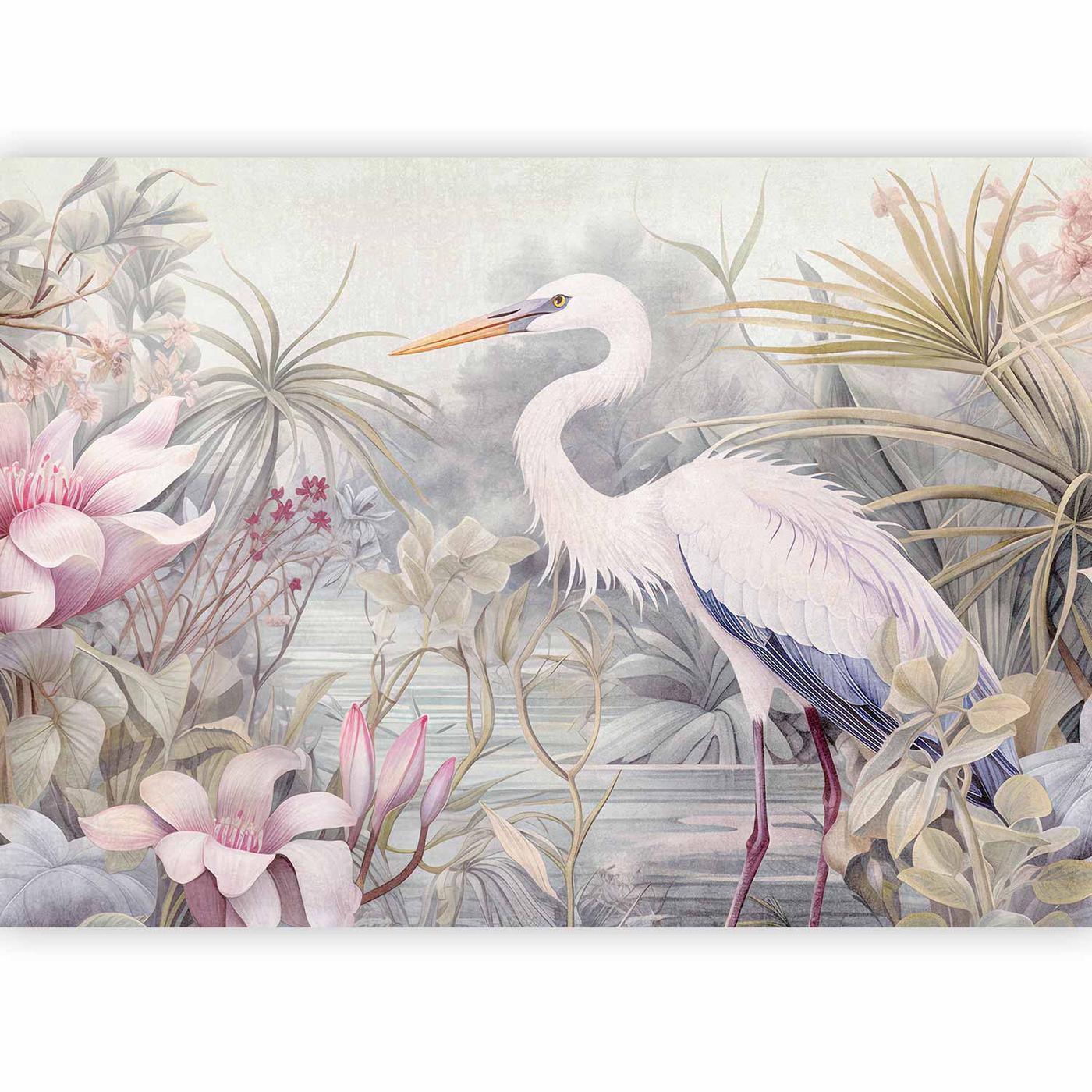 Fotobehang - Heron wading in a pond - illustration in bright colours