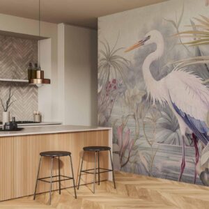 Fotobehang - Heron wading in a pond - illustration in bright colours