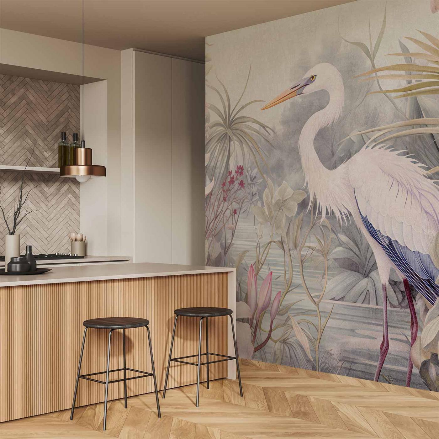 Fotobehang - Heron wading in a pond - illustration in bright colours