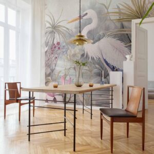 Fotobehang - Heron wading in a pond - illustration in bright colours