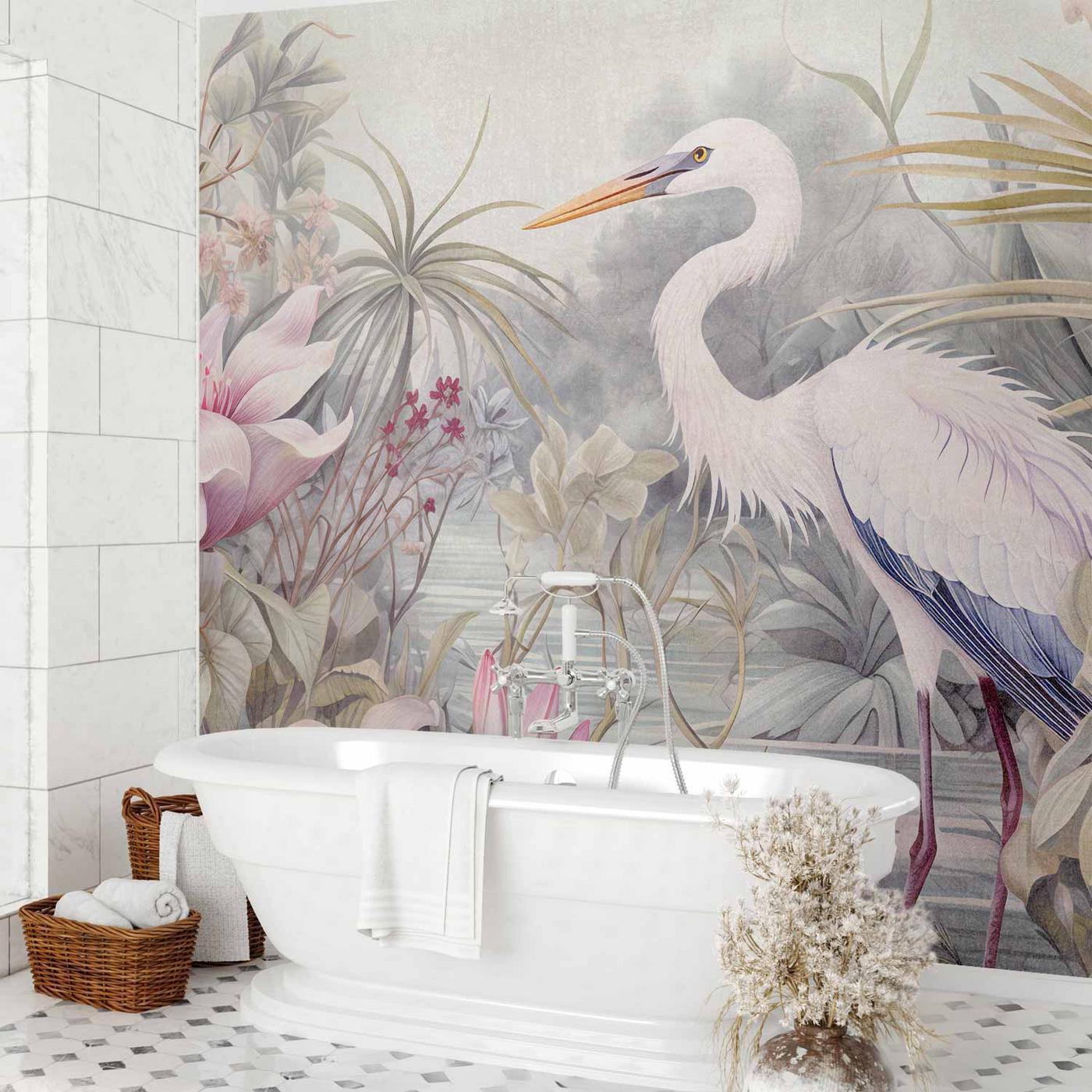 Fotobehang - Heron wading in a pond - illustration in bright colours