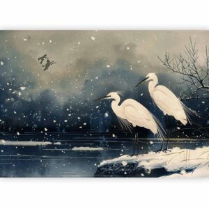 Fotobehang - Herons over a winter pond - Japanese-style illustration in dark colours