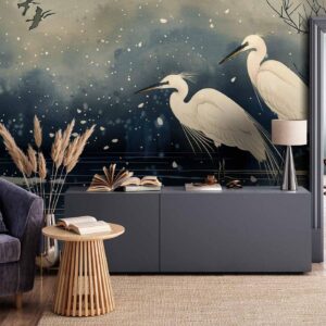 Fotobehang - Herons over a winter pond - Japanese-style illustration in dark colours