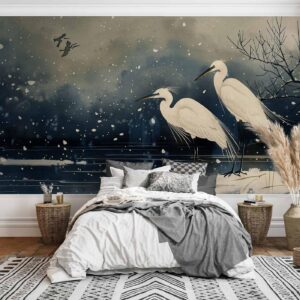 Fotobehang - Herons over a winter pond - Japanese-style illustration in dark colours