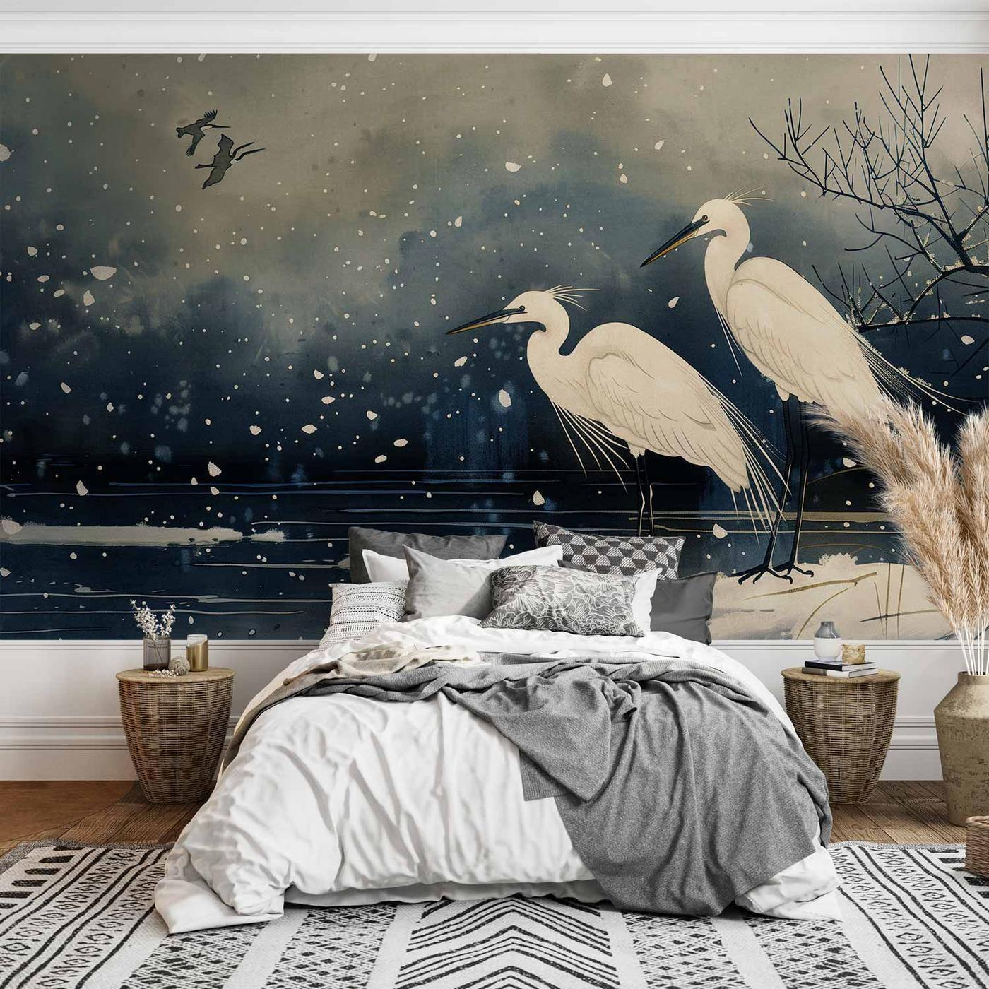 Fotobehang - Herons over a winter pond - Japanese-style illustration in dark colours