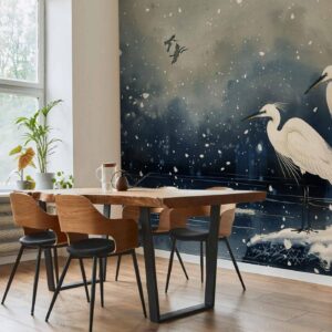Fotobehang - Herons over a winter pond - Japanese-style illustration in dark colours