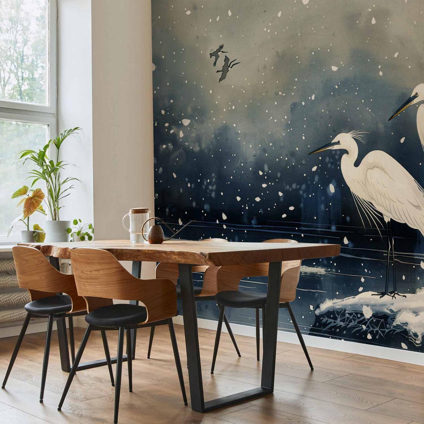 Fotobehang - Herons over a winter pond - Japanese-style illustration in dark colours
