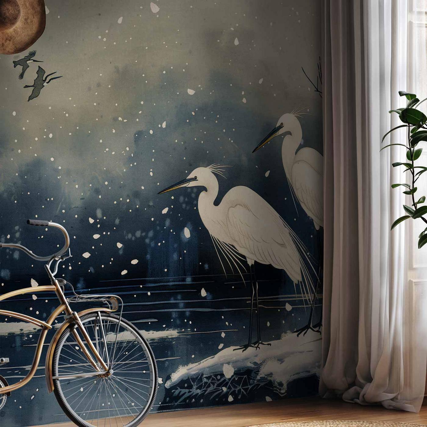 Fotobehang - Herons over a winter pond - Japanese-style illustration in dark colours