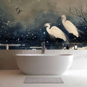 Fotobehang - Herons over a winter pond - Japanese-style illustration in dark colours