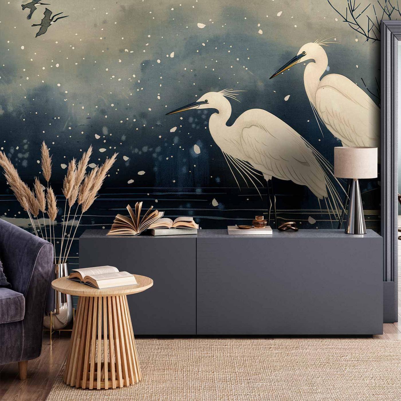 Fotobehang - Herons over a winter pond - Japanese-style illustration in dark colours