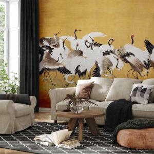 Fotobehang - Japanese cranes - a flock of birds against a golden background based on a painting by Ishida Yūtei