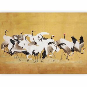 Fotobehang - Japanese cranes - a flock of birds against a golden background based on a painting by Ishida Yūtei