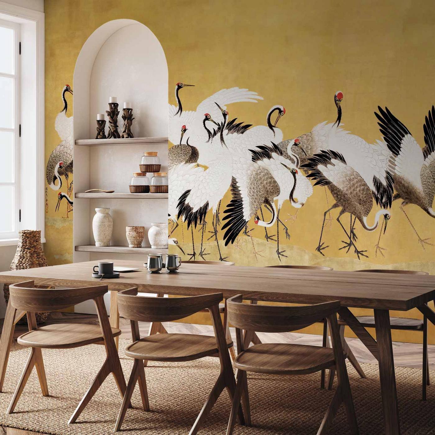 Fotobehang - Japanese cranes - a flock of birds against a golden background based on a painting by Ishida Yūtei