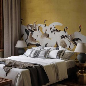 Fotobehang - Japanese cranes - a flock of birds against a golden background based on a painting by Ishida Yūtei