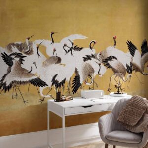 Fotobehang - Japanese cranes - a flock of birds against a golden background based on a painting by Ishida Yūtei
